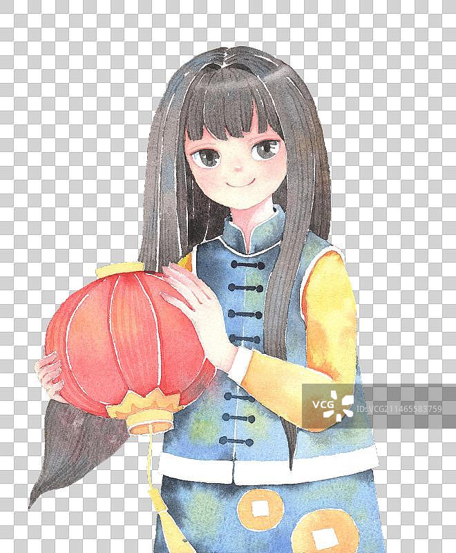 唯美人物水彩插画 抱着灯笼的女孩图片素材