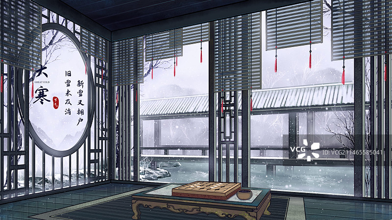 古风古建筑室内冬天雪景图图片素材
