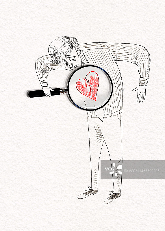 放大镜，男性，心碎了，观察，漫画图片素材