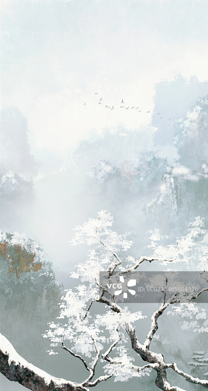 手绘大雪节气背景 古风意境冬至风景插画图片素材