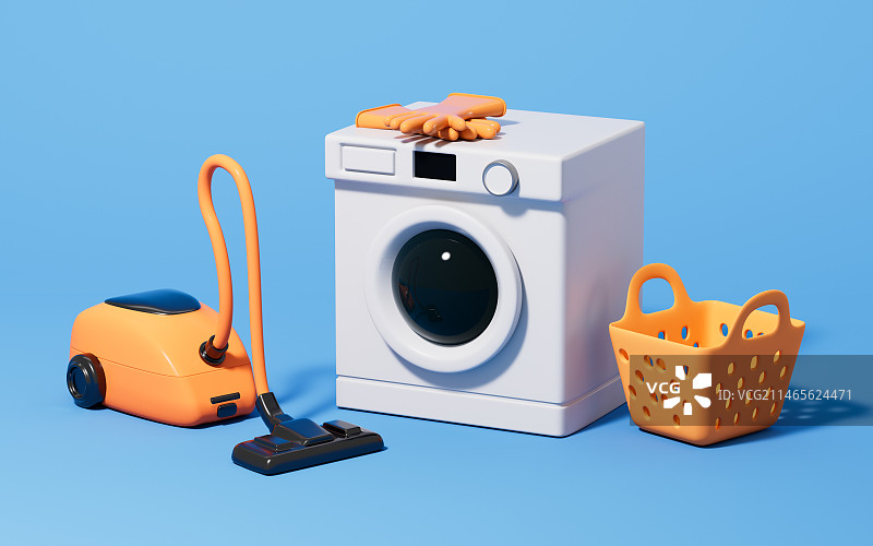 吸尘器和洗衣机家用电器3D渲染图片素材