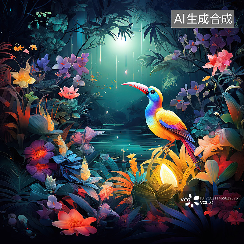 【AI数字艺术】美丽的金刚鹦鹉在水中倒影图片素材