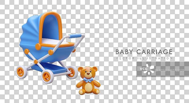 带有可爱玩具熊的逼真蓝色婴儿车图片素材