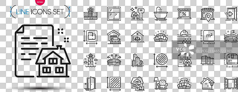 扶手椅、路灯和灯塔线性图标包图片素材