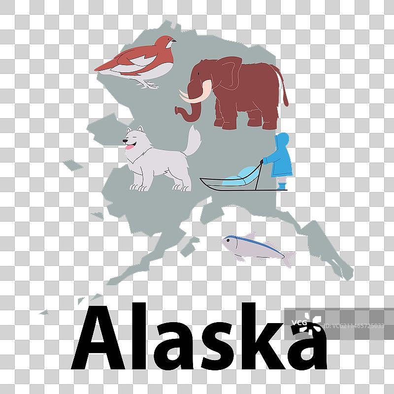 美国阿拉斯加州地图和独特的动物图片素材