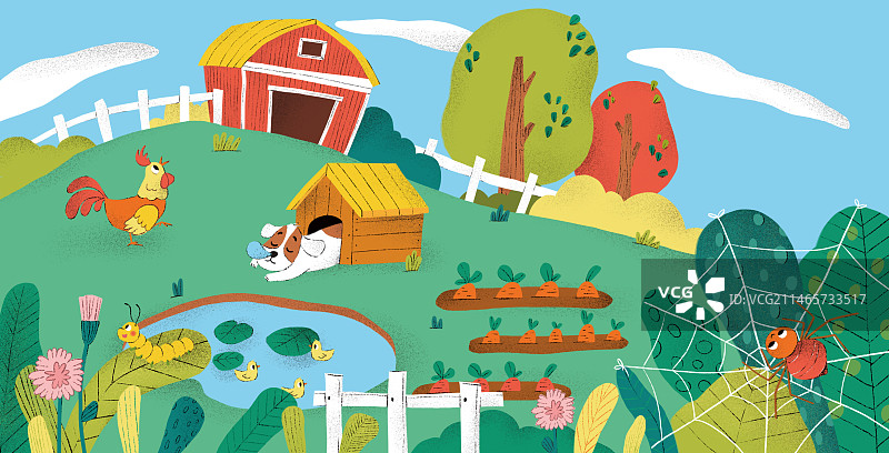 农场小狗鸡蜘蛛草地池塘菜地植物树儿童插画图片素材