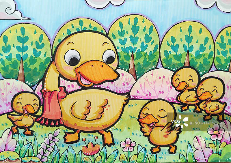 鸭妈妈带着小鸭子们去散步图片素材