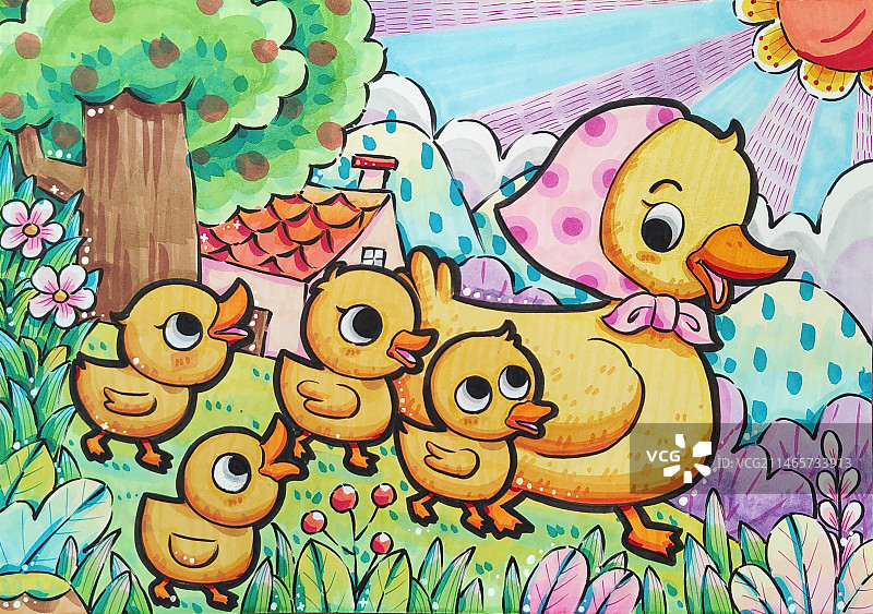 鸭妈妈带着小鸭子们去散步图片素材