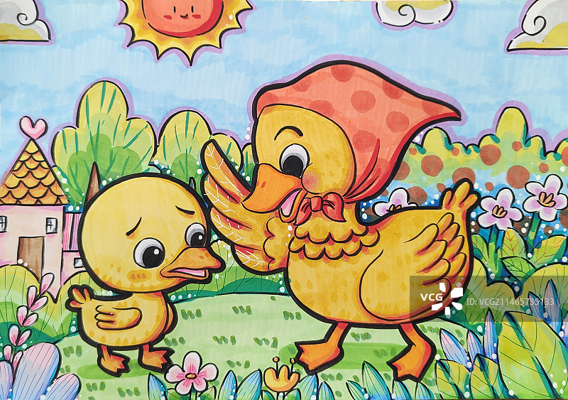 鸭妈妈教育不听话的小黄鸭图片素材