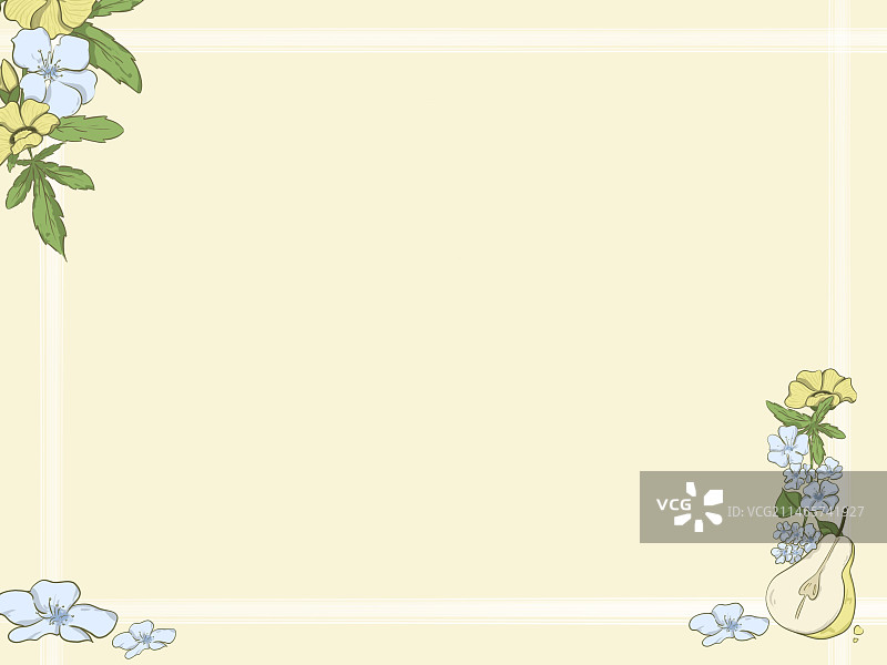 浅黄色背景上蓝色碎花及水果点缀图片素材