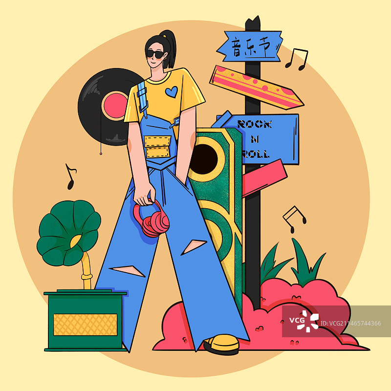 一个女孩周围围绕音乐节元素的海报图片素材