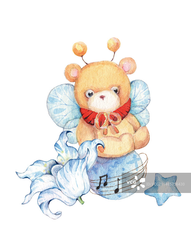 可爱的卡通蜜蜂装扮的小熊天使造型和鲜花图片素材