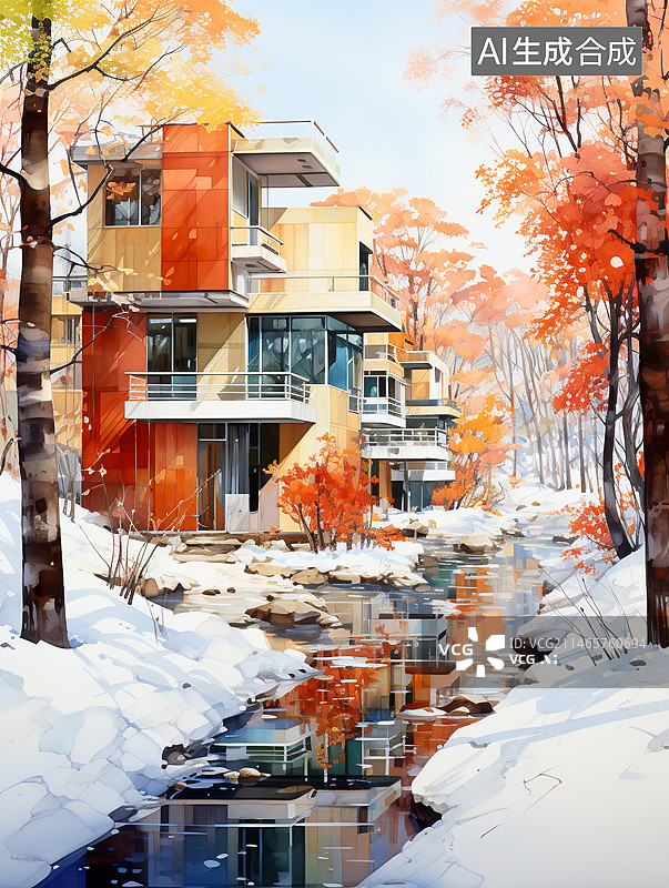 【AI数字艺术】水彩风格现代建筑别墅大房子冬季雪景插画配图图片素材