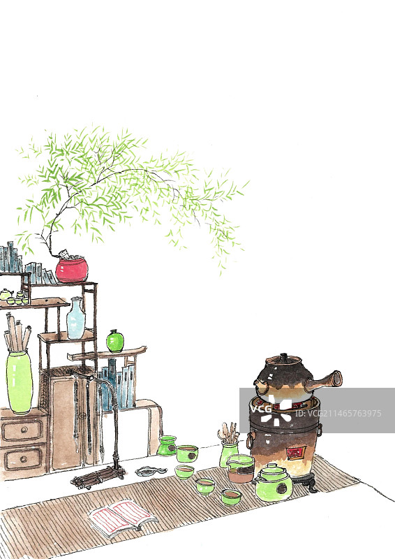 手绘围炉煮茶新中式插画冬至图片素材