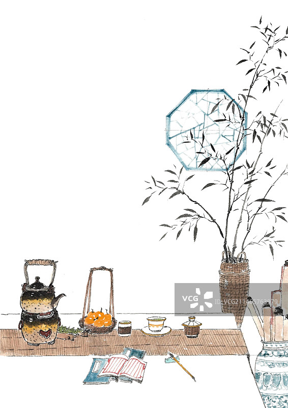 手绘围炉煮茶新中式插画大寒图片素材