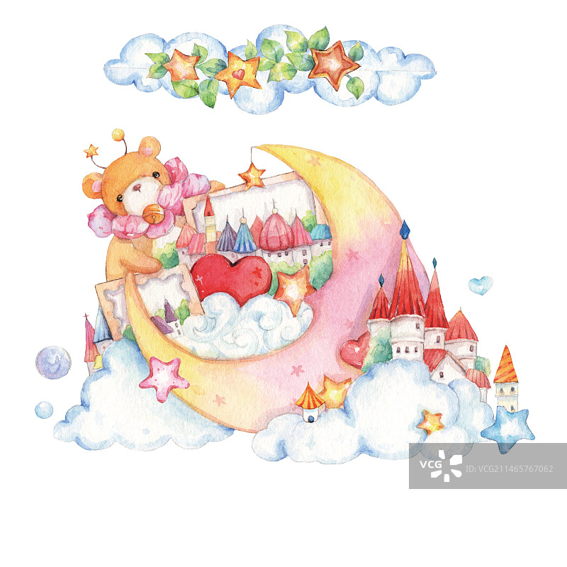 水彩手绘童话故事中云中月亮城堡小熊仔故事插画图片素材