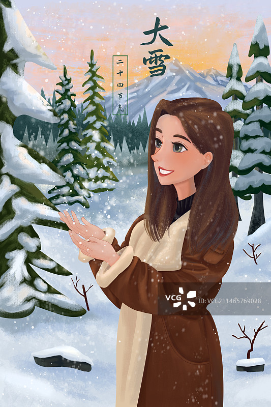冬天节气大雪海报：女生开心地伸出手接雪花看雪图片素材