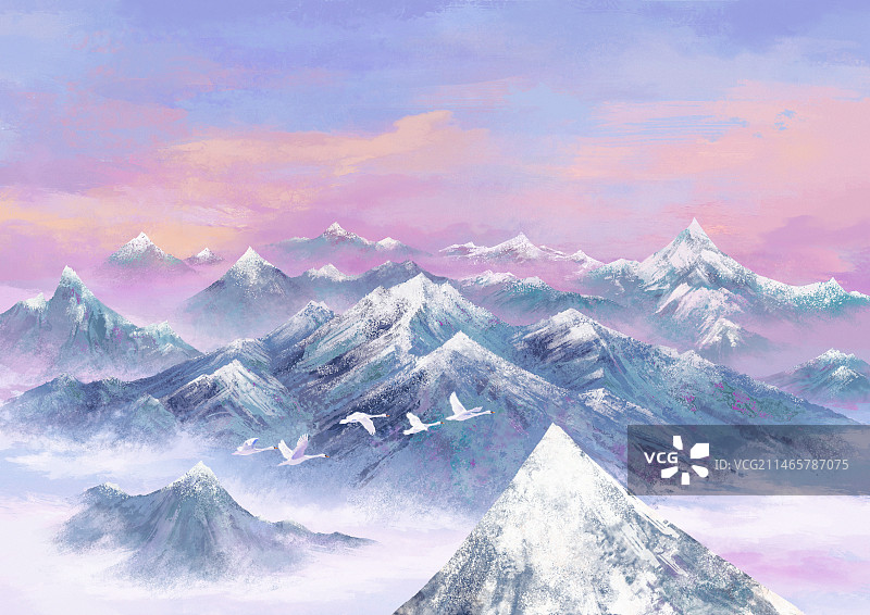 紫色背景雪山连绵 横版2图片素材