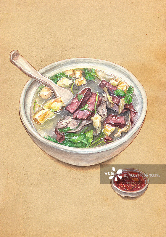 鸭血粉丝汤水彩插画图片素材