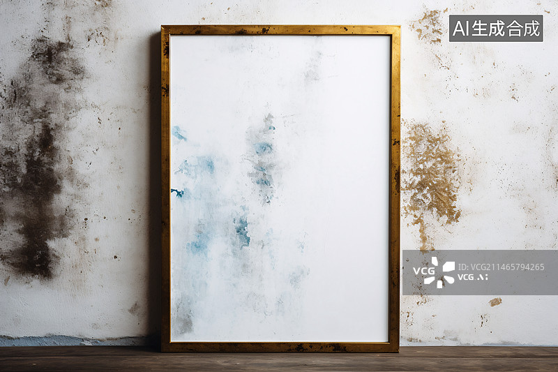 【AI数字艺术】墙上和地板上的空白木质画框,空白相册模版插图图片素材
