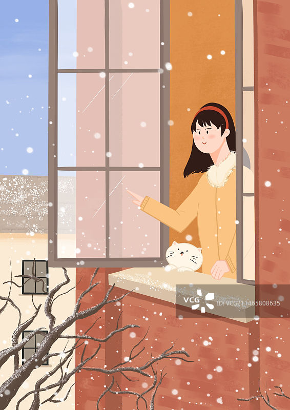 女孩站在窗户边看雪图片素材