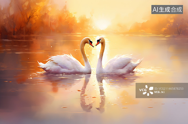 【AI数字艺术】日落时天鹅在湖中游泳的特写镜头图片素材