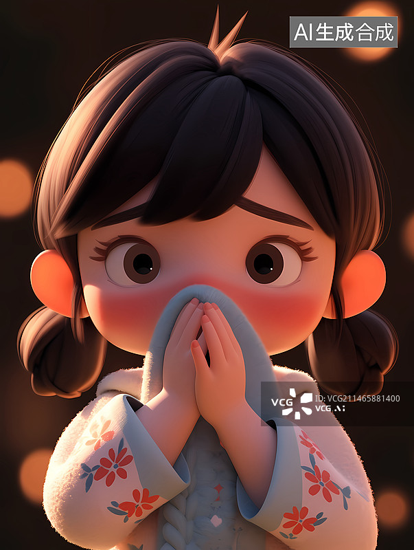 【AI数字艺术】一个生病的女孩在咳嗽，换季流感生病概念3D插图图片素材