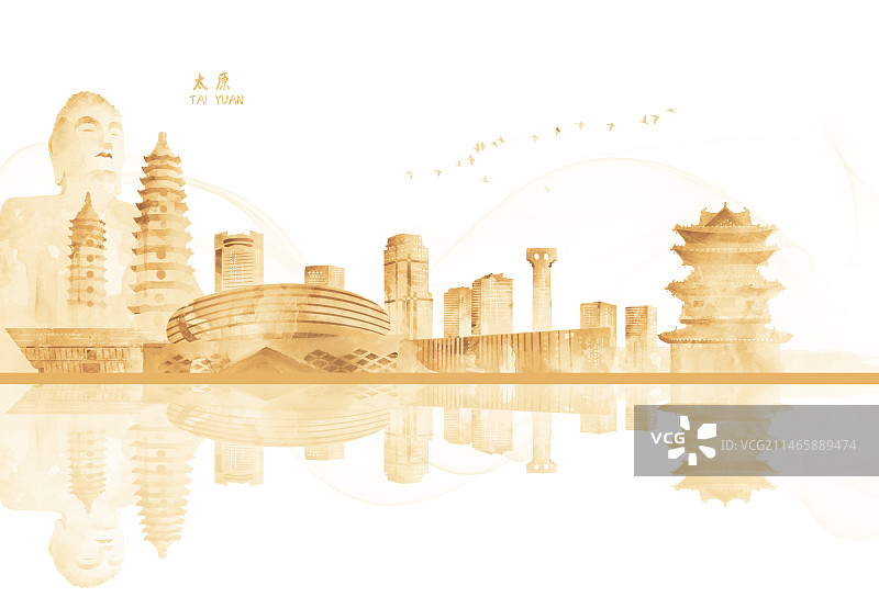 金色太原城市建筑插画剪影图片素材