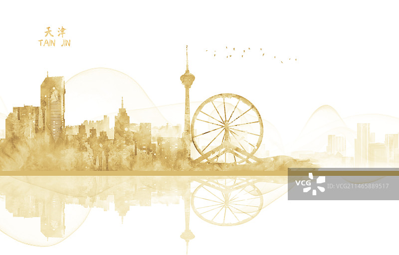 金色天津城市建筑插画剪影图片素材