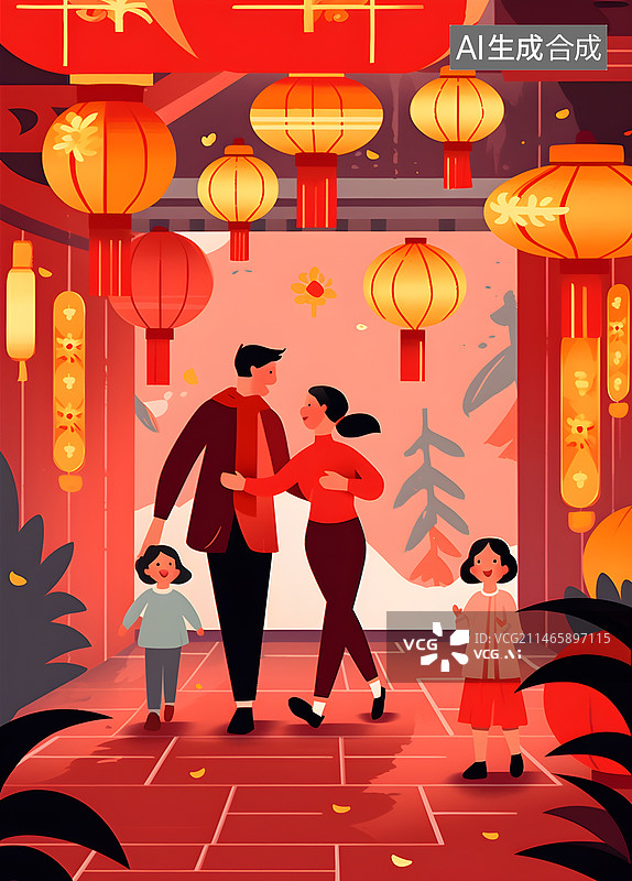 【AI数字艺术】一家三口逛庙会图片素材