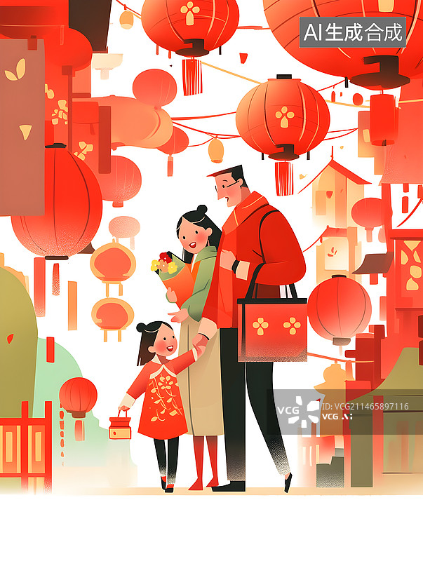 【AI数字艺术】一家三口逛庙会图片素材