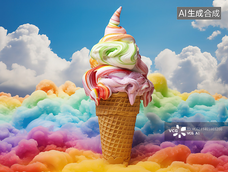 【AI数字艺术】蓝天白云下的冰淇淋和图片素材