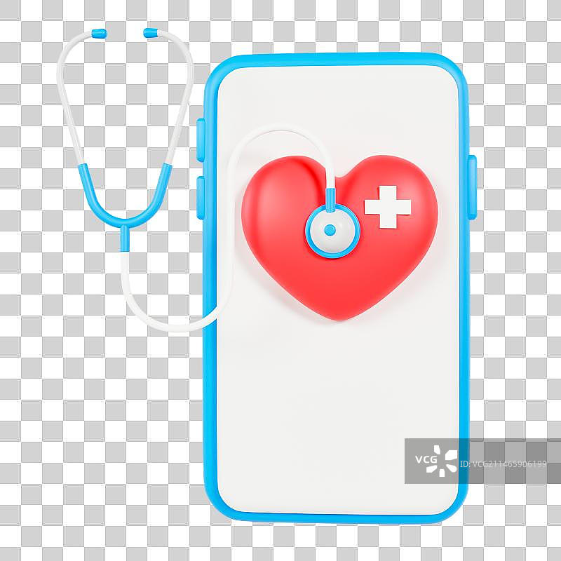 C4D立体线上看病问诊手机听诊器爱心医疗元素图片素材