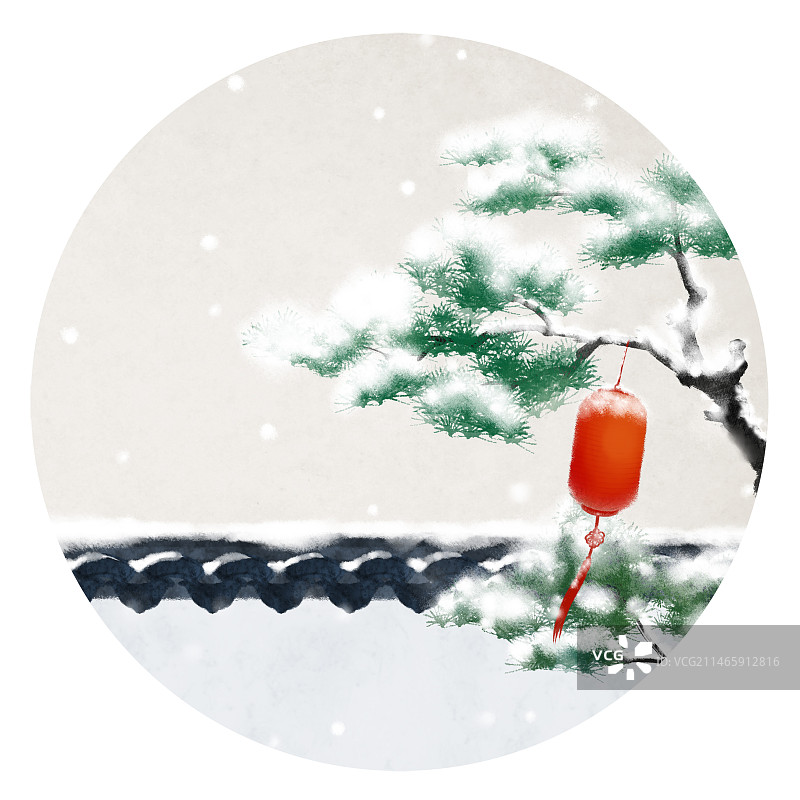 松树灯笼中国风插画图片素材