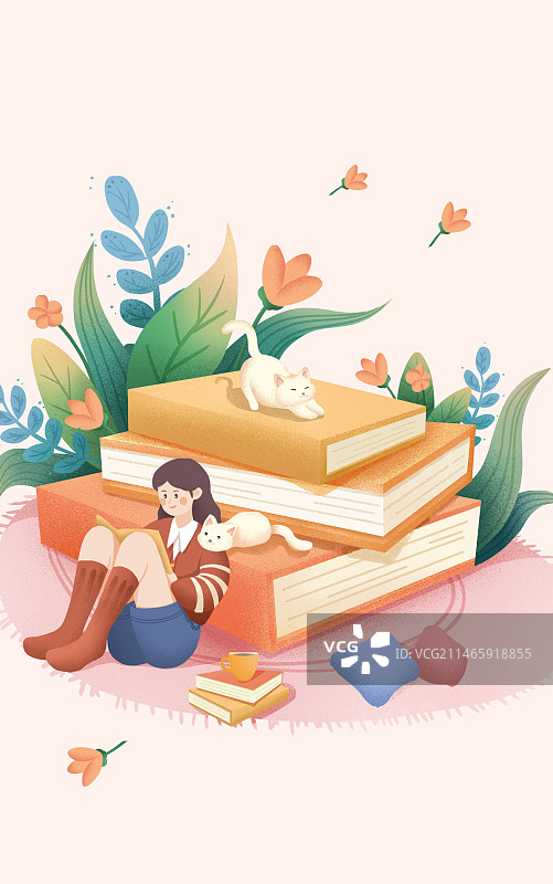 坐在花丛中的女孩插画图片素材