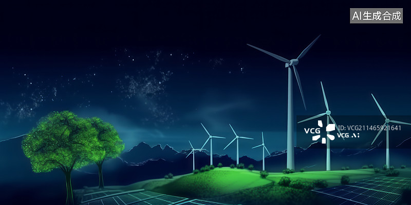 【AI数字艺术】风能太阳能清洁能源插画科技背景图片素材