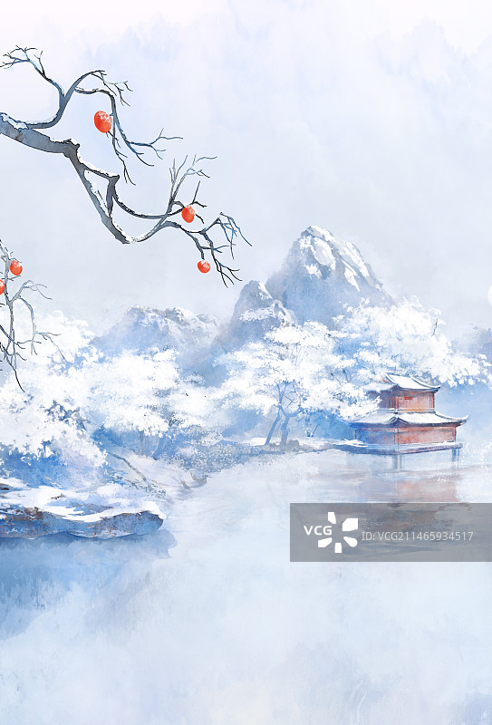 手绘蓝色冬天意境古风风景竖版插画背景图片素材