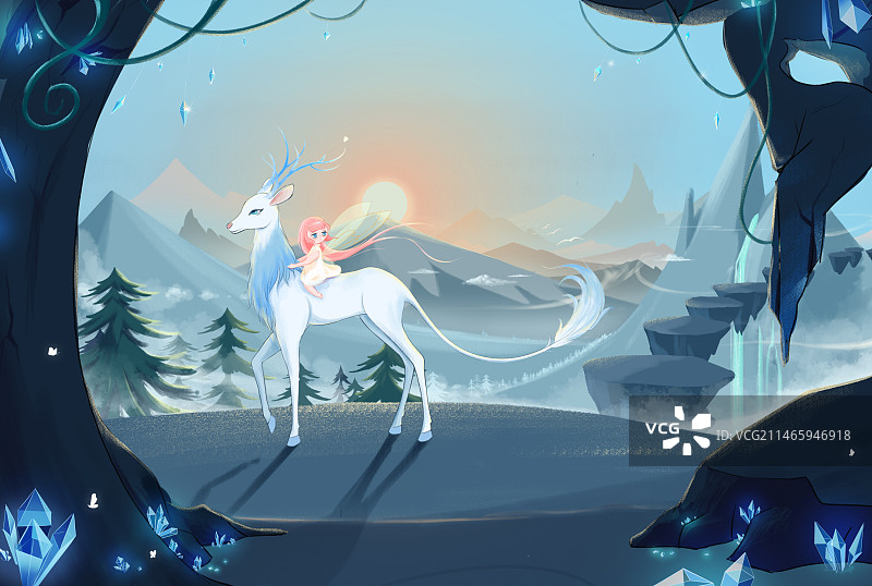 山中白鹿与精灵少女图片素材