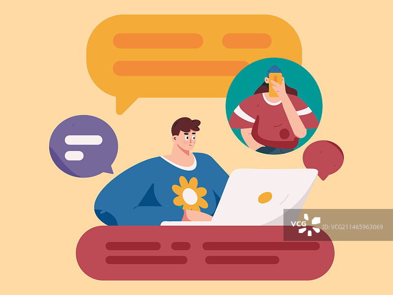 虚拟的人物社交沟通概念商业扁平矢量手绘插画图片素材
