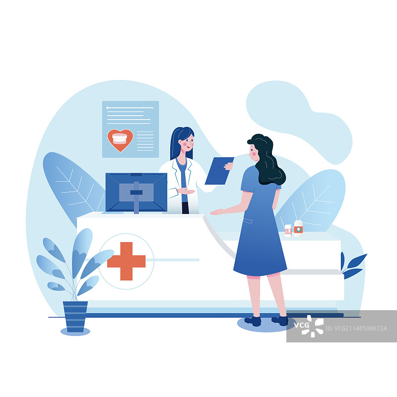 口腔医疗医院前台医生护士顾客看诊扁平插画图片素材