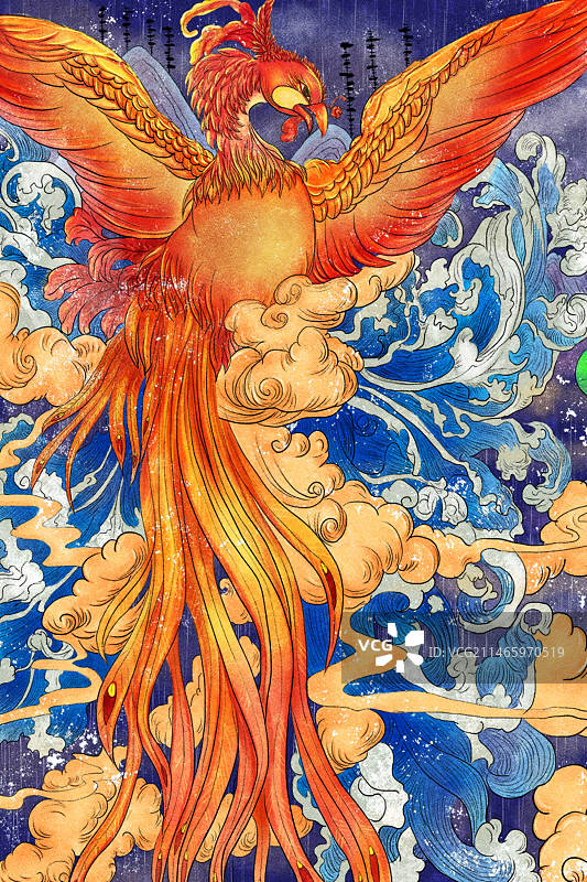 山海经神兽凤凰涅槃水花岩彩中国风插画图片素材