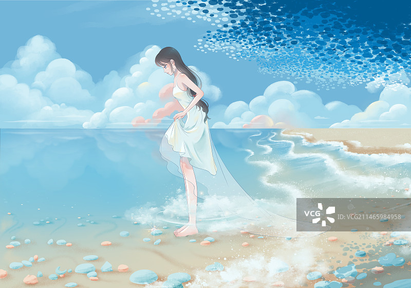 海边穿白色长裙的少女侧面图片素材