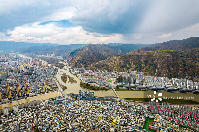 中国甘肃省定西市岷县全景图航拍图片素材