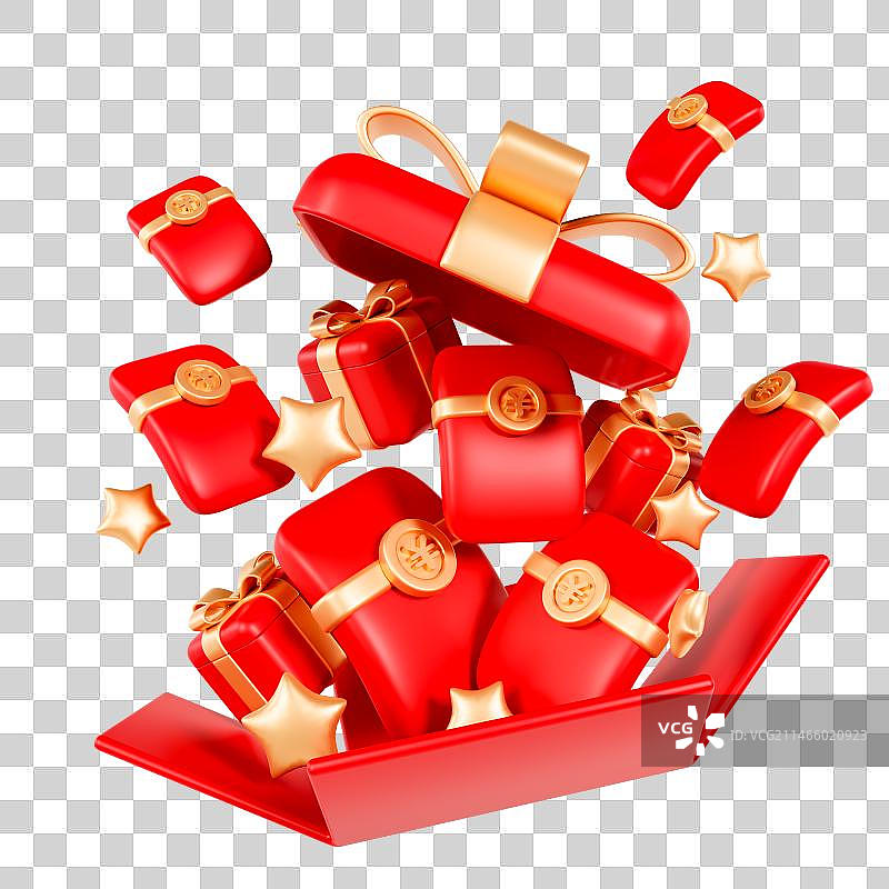 C4D立体春节红色新年元旦礼盒红包打开的礼盒购物促销元素图片素材
