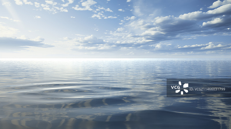 蓝天白云下美丽的大海，干净明亮的海边风光天际线反射倒影背景图图片素材