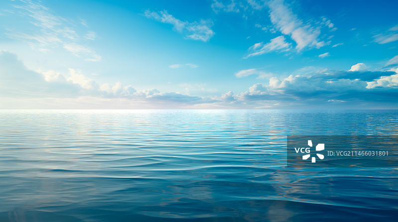蓝天白云下美丽的大海，干净明亮的海边风光天际线反射倒影背景图图片素材