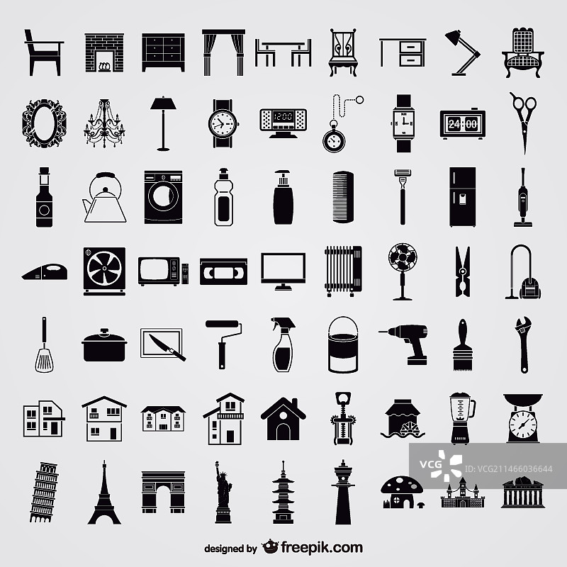 日常生活与地标建筑黑色图标合集图片素材