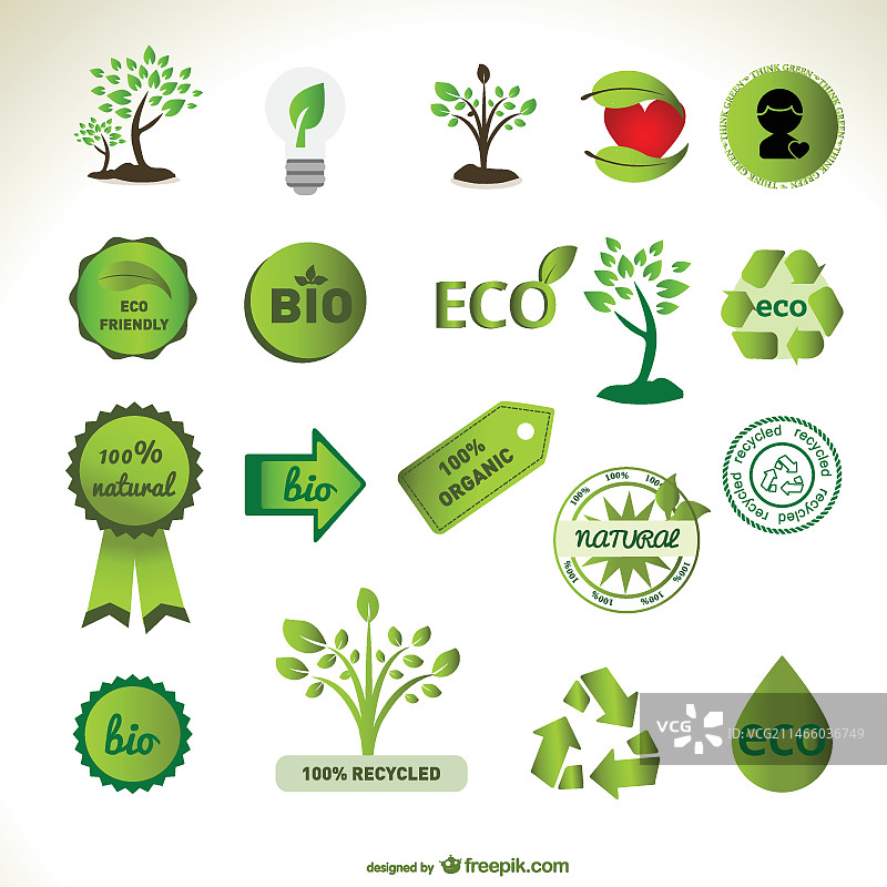 绿色环保徽章和树木设计图片素材