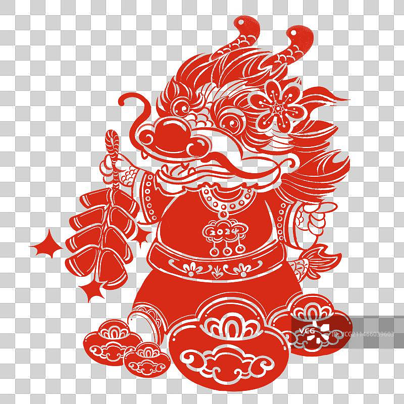 龙年春节新春剪纸窗花龙放鞭炮金元宝贴纸图片素材