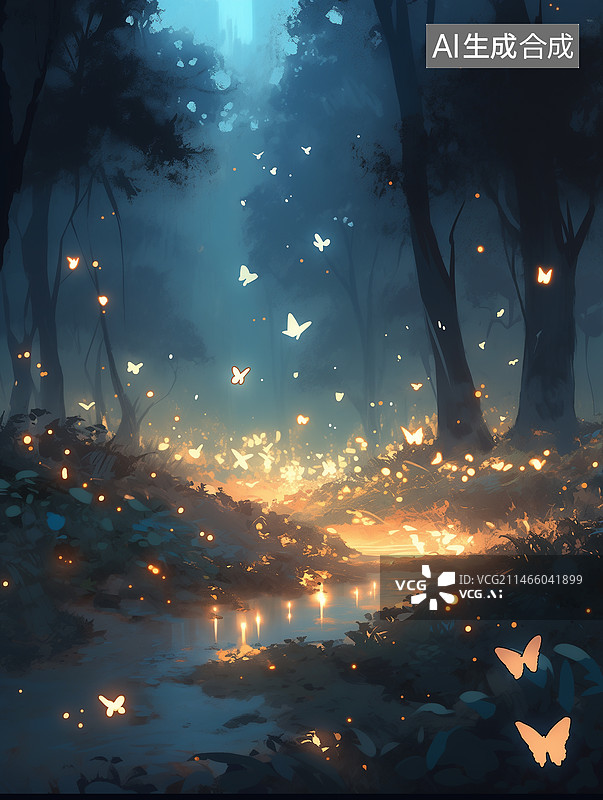 【AI数字艺术】宁静夜晚的萤火虫图片素材